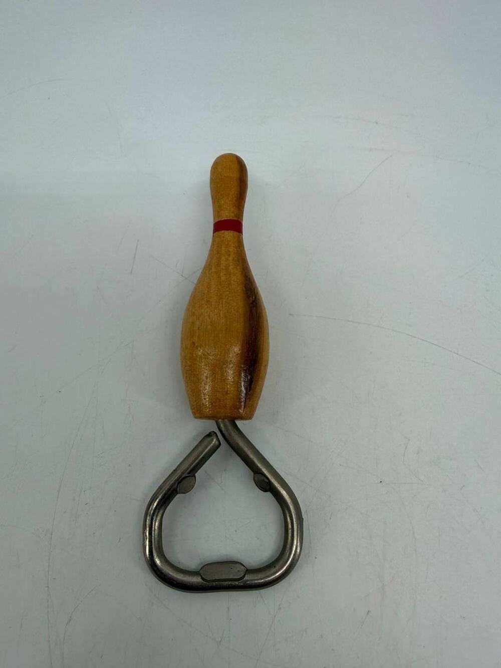 Vintage Bowling Pin Bottle Opener Turned Wood Handle Metal Bar Tool Red Stripe